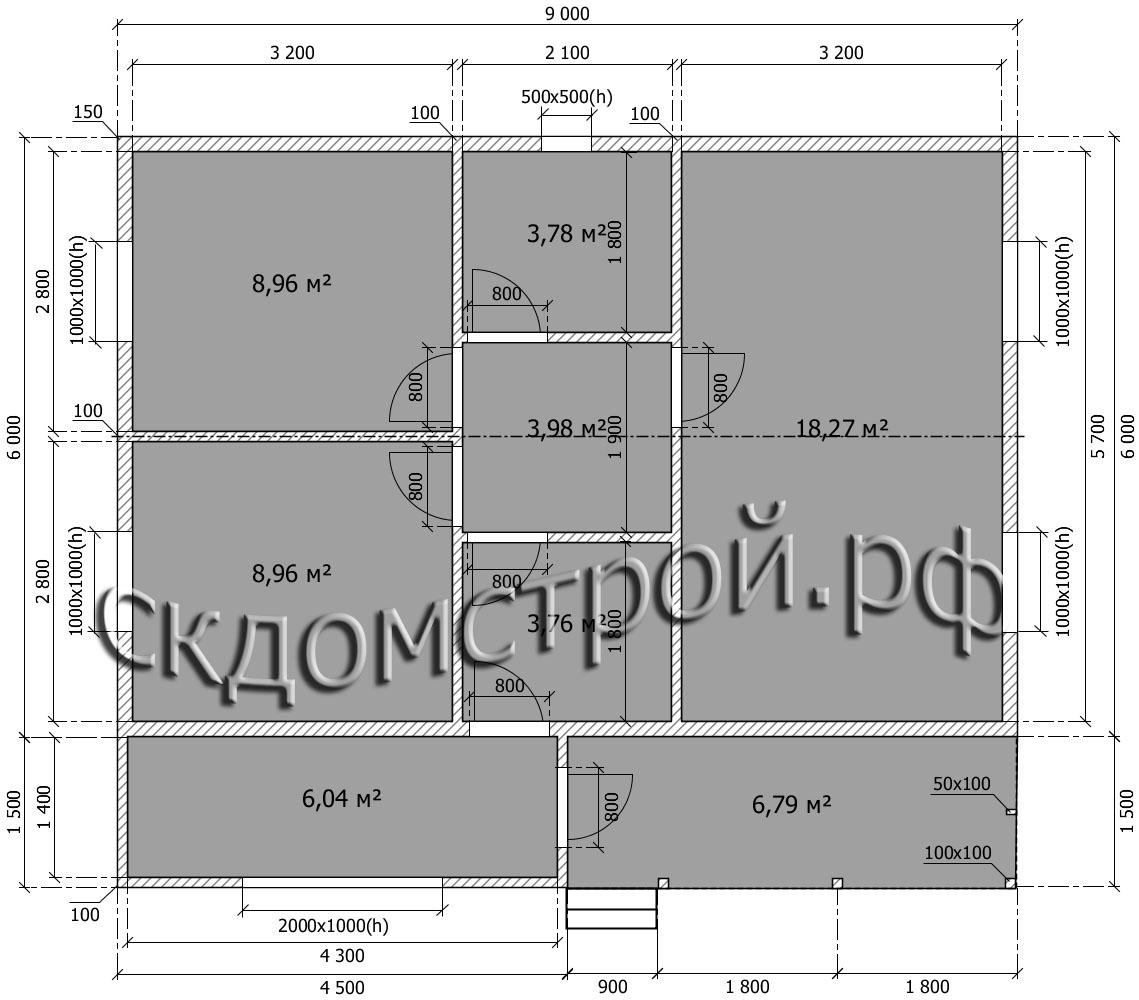 4. Проект дачного дома 54 м2 (6000Х9000) мм + терраса 6,75 м2 (1500Х4500)  мм + веранда 6,75 м2 (1500Х4500) мм, по боковой стороне + чердачное  помещение (высота конька 1800 мм).